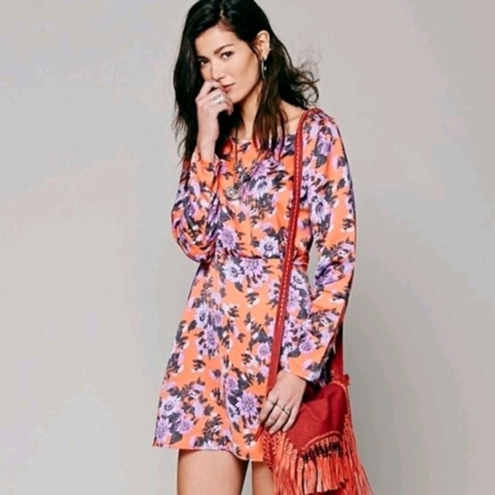 Free People Parker Floral Long Sleeve Fit Flare‎ Mini Dress Orange Purple Size 0